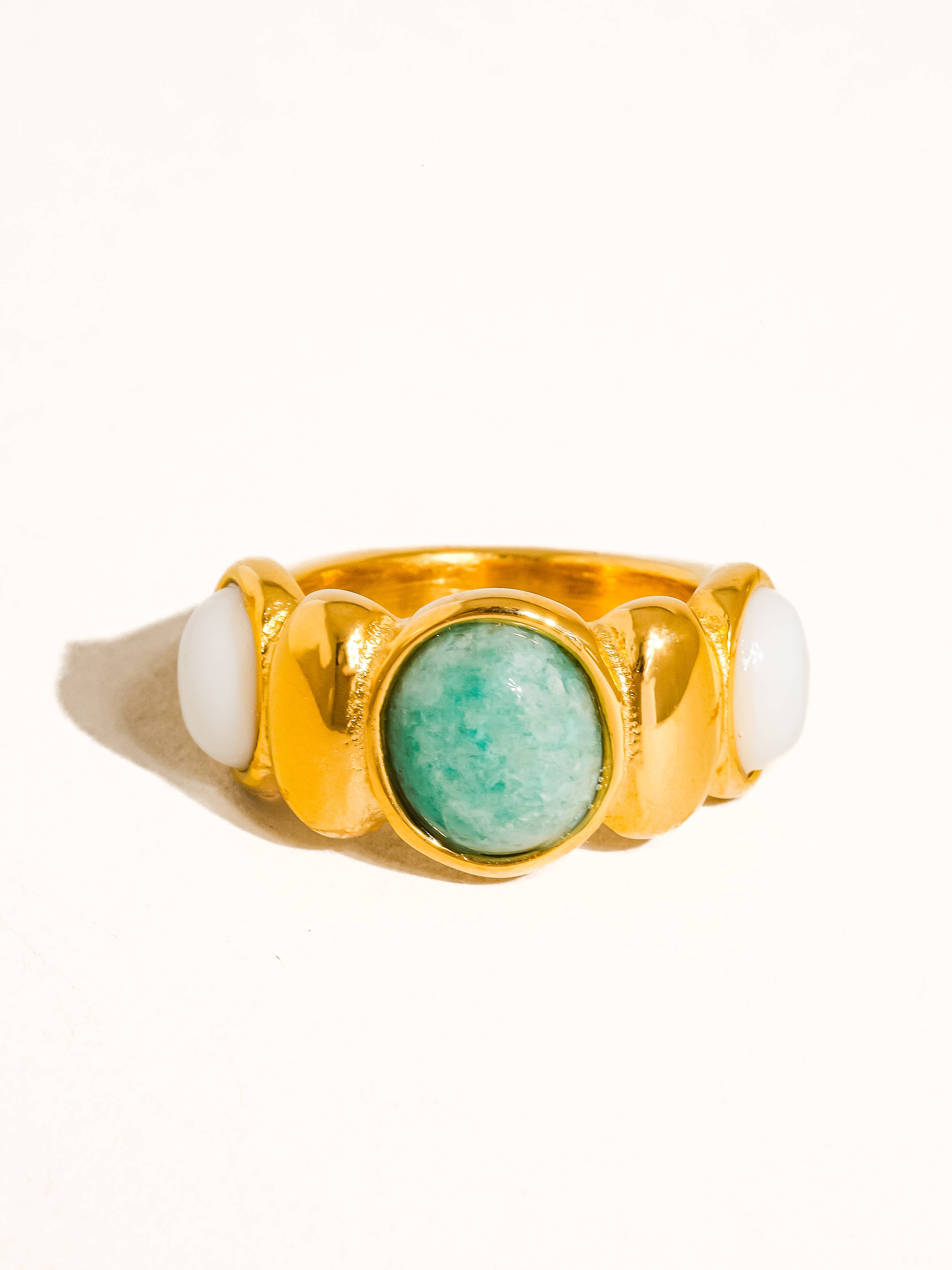 Close-up of 18K gold plated stainless steel ring with natural stone, size 8